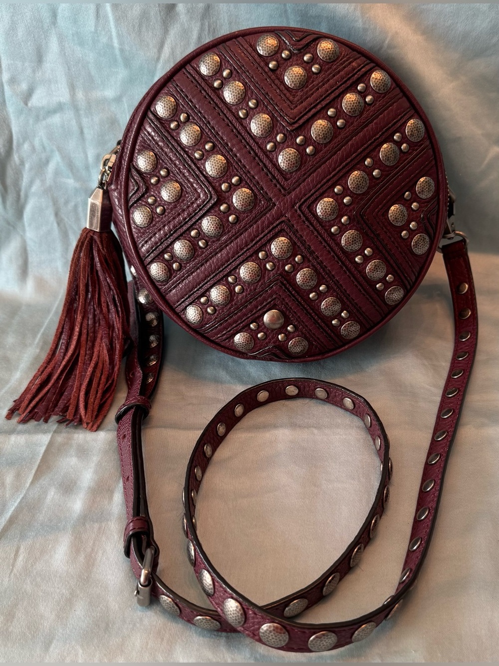 Rebecca Minkoff Burgundy Round Studded Crossbody with Tassel